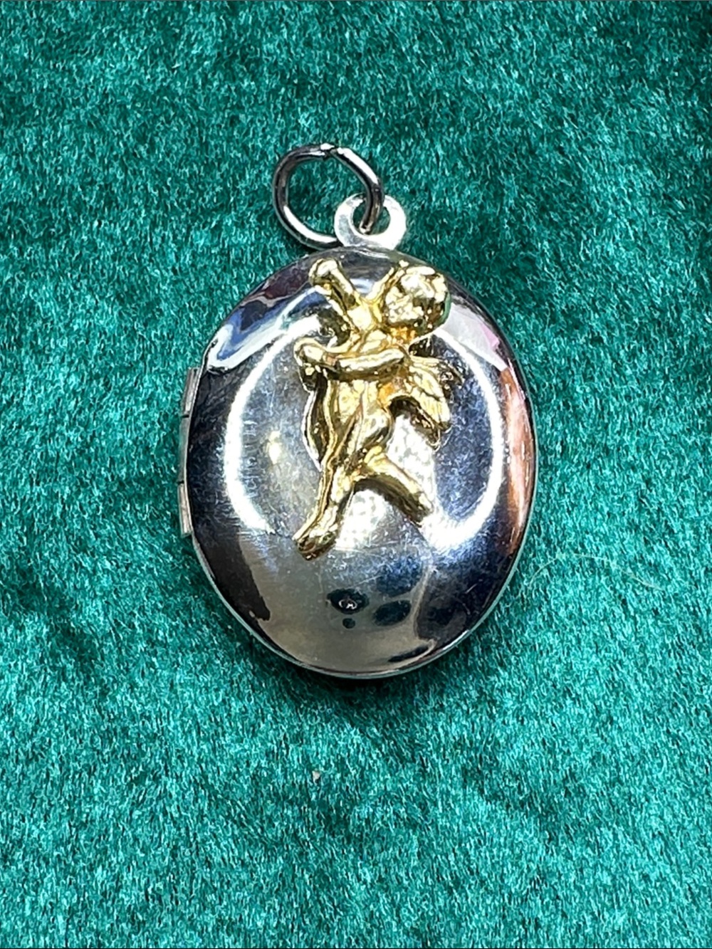 Two-Tone Cherub Oval Locket Necklace - Silver and Gold